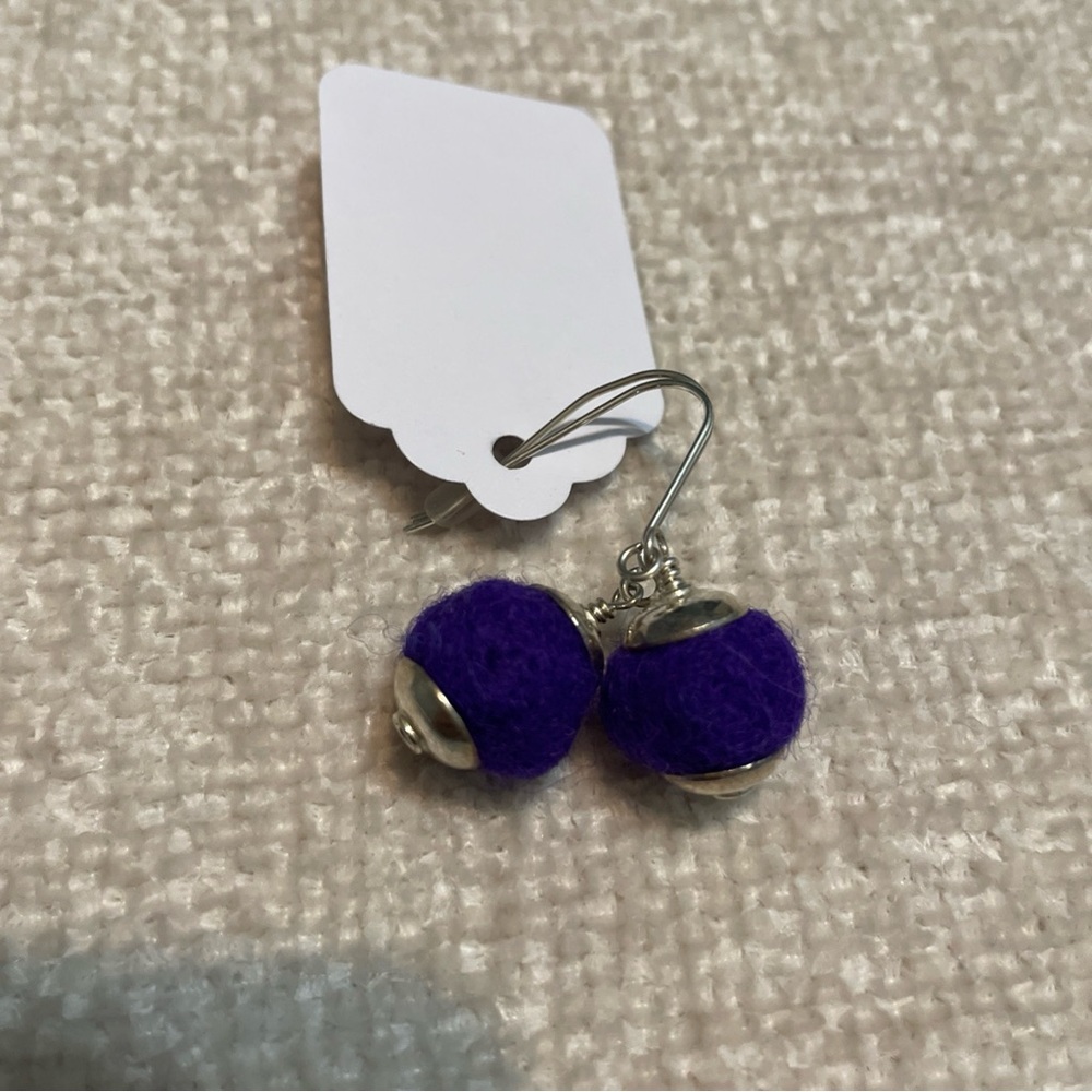 Sterling Silver Earrings Set with Purple Wool Balls Dangle Drop